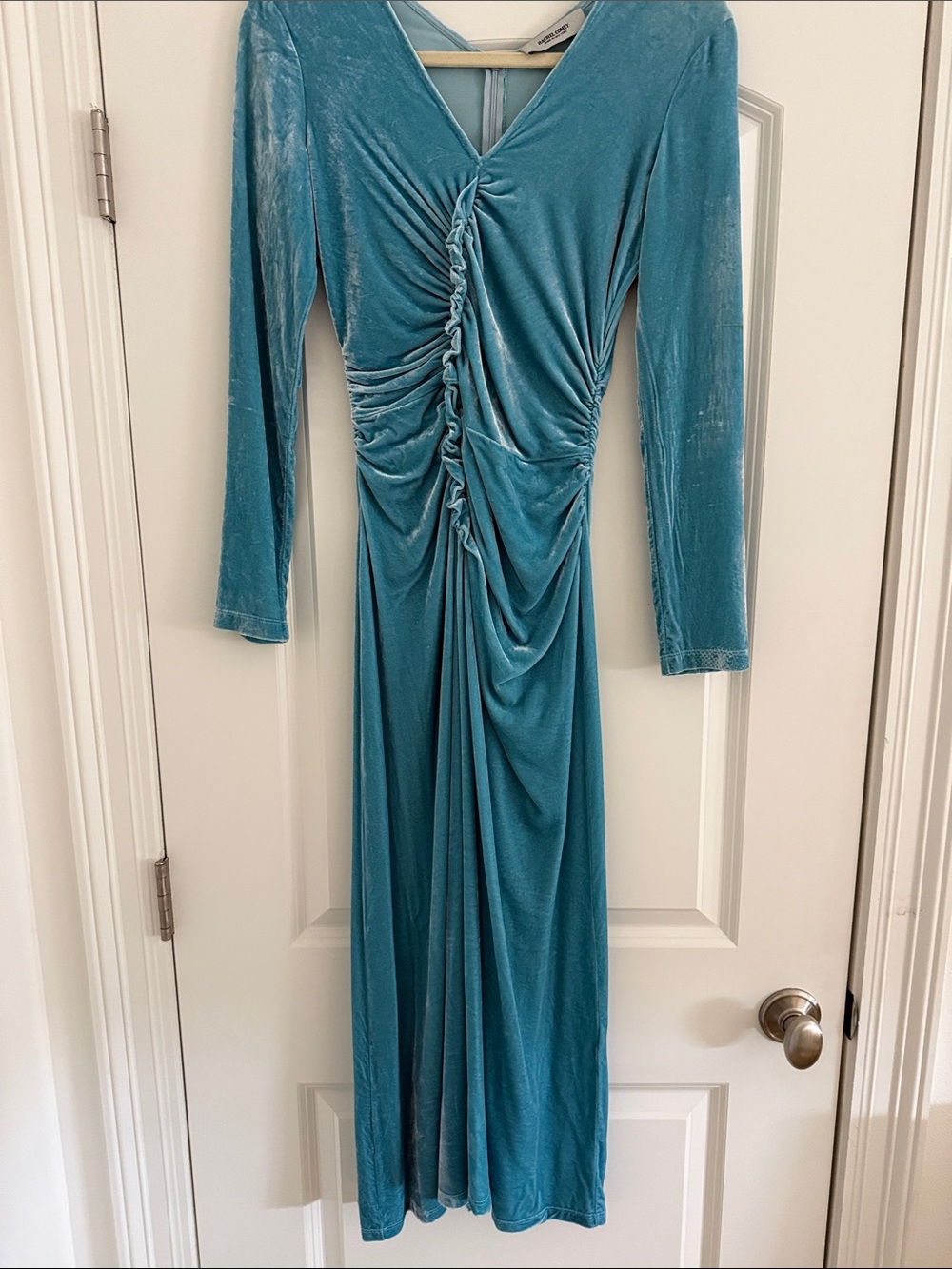 Rachel Comey Teal Velvet Ruched V-Neck Long Sleeve Dress